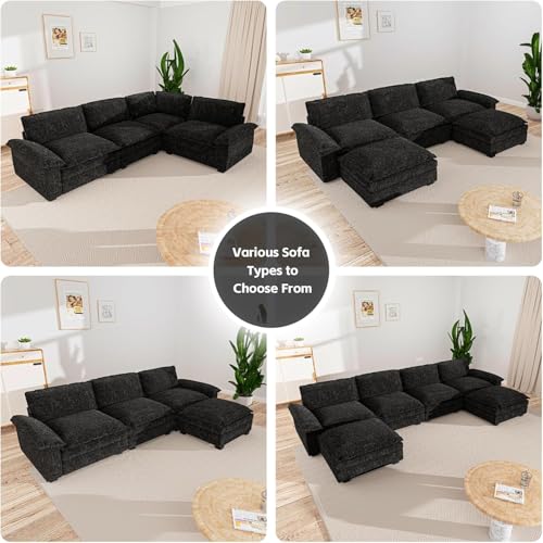 Black Chenille 3 Seat Sectional Sofa with Movable Ottoman V6516